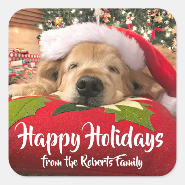 Christmas Golden Retriever Dog Custom Name Square Sticker | Zazzle