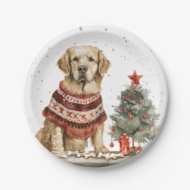 Christmas Golden Retriever Dog Paper Plates (Front)