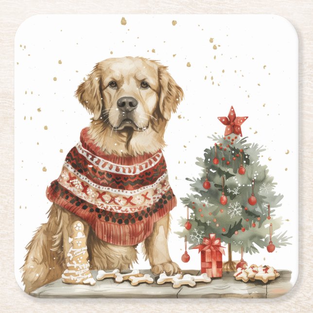 Christmas Golden Retriever Dog Square Paper Coaster (Front)