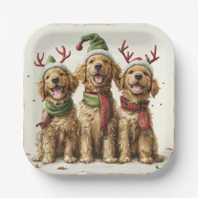 Christmas Golden Retriever Dogs Paper Plates (Front)