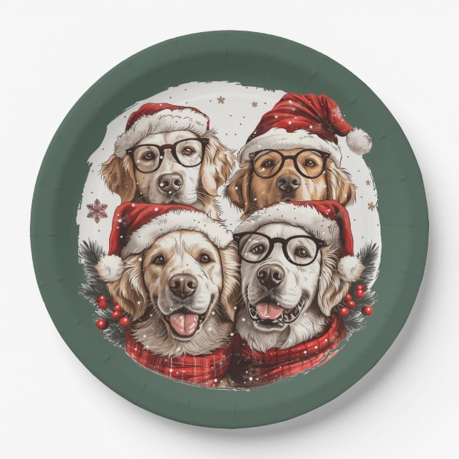 Christmas Golden Retriever Dogs Paper Plates (Front)