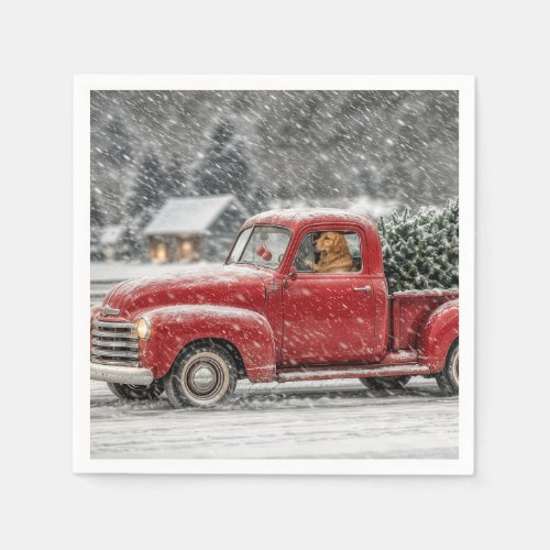 Christmas Golden Retriever in a Retro Pickup Truck Napkins