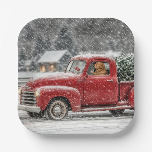 Christmas Golden Retriever in a Retro Pickup Truck Paper Plates