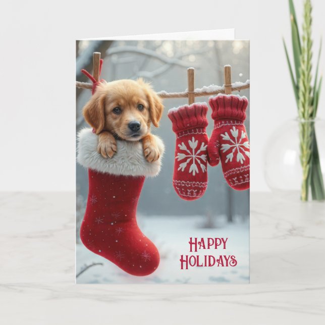 Christmas Golden Retriever In a Stocking Holiday Card (Front)