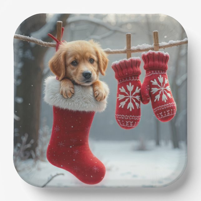 Christmas Golden Retriever In a Stocking Paper Plates (Front)