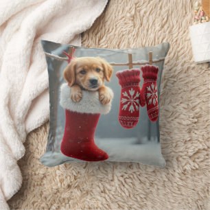 Christmas Golden Retriever In a Stocking Throw Pillow