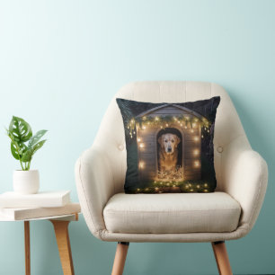 Christmas Golden Retriever In Doghouse Throw Pillow