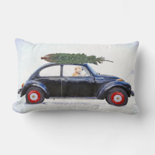 Christmas golden retriever in old car lumbar pillow