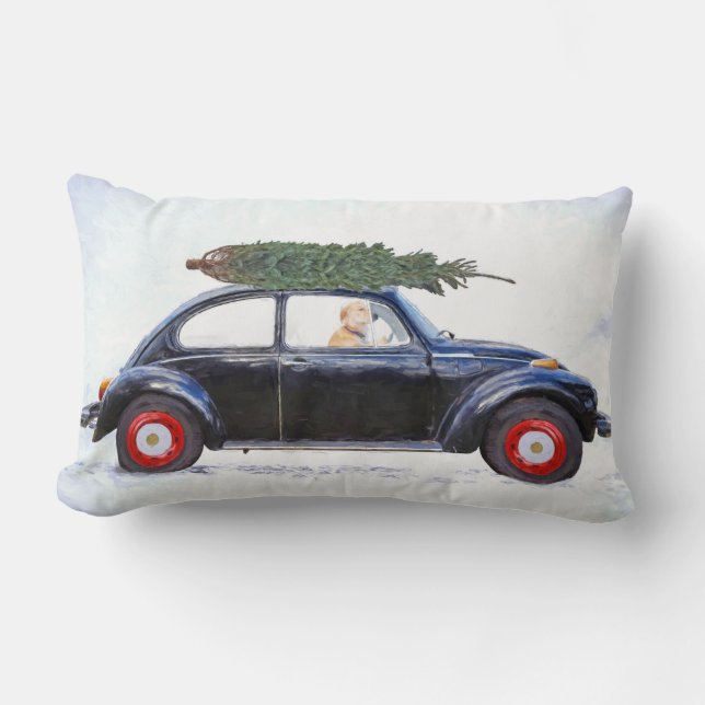 Christmas golden retriever in old car lumbar pillow (Front)