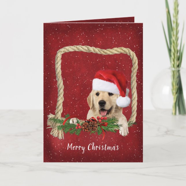 Christmas Golden Retriever in rope frame Holiday Card (Front)