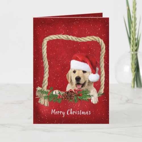 Christmas Golden Retriever in rope frame Holiday Card