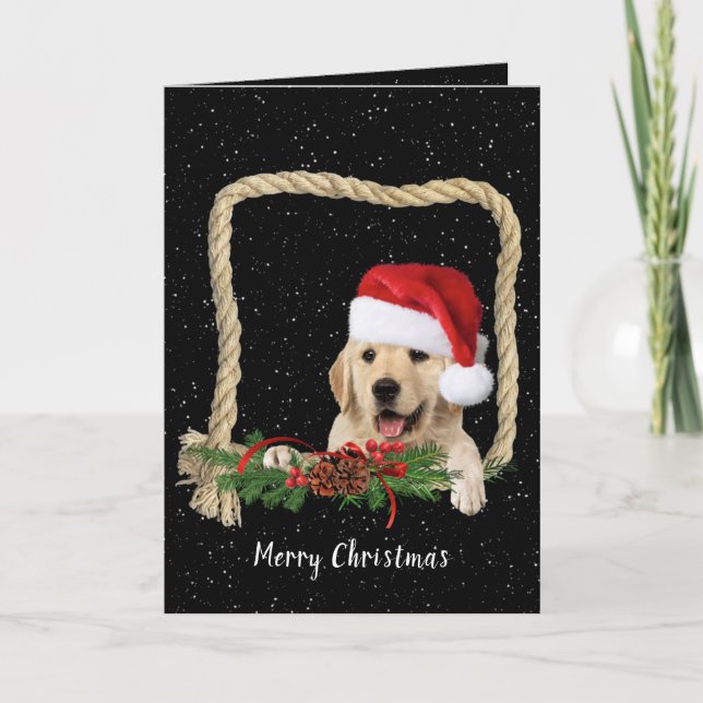 Christmas Golden Retriever in rope frame Holiday Card (Front)