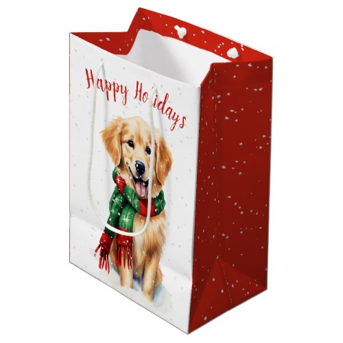 Christmas Golden Retriever In Snowflakes Medium Gift Bag