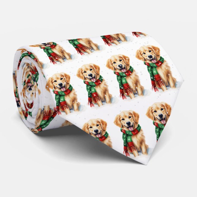 Christmas Golden Retriever In Snowflakes Neck Tie (Rolled)