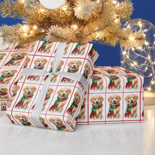 Christmas Golden Retriever In Snowflakes Wrapping Paper