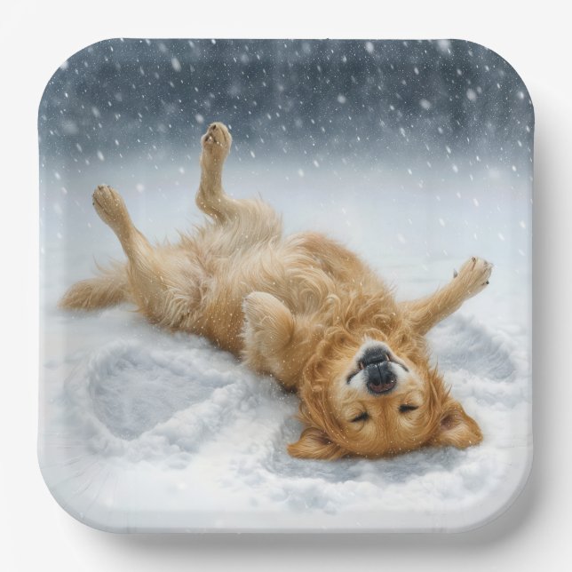 Christmas Golden Retriever Making a Snow Angel Paper Plates (Front)