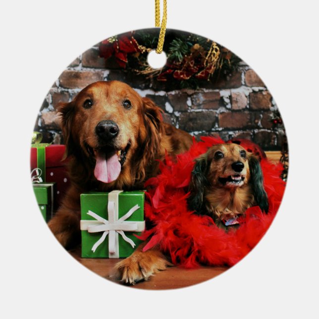 Christmas - Golden Retriever Max - Doxie - Chloe Ceramic Ornament (Front)
