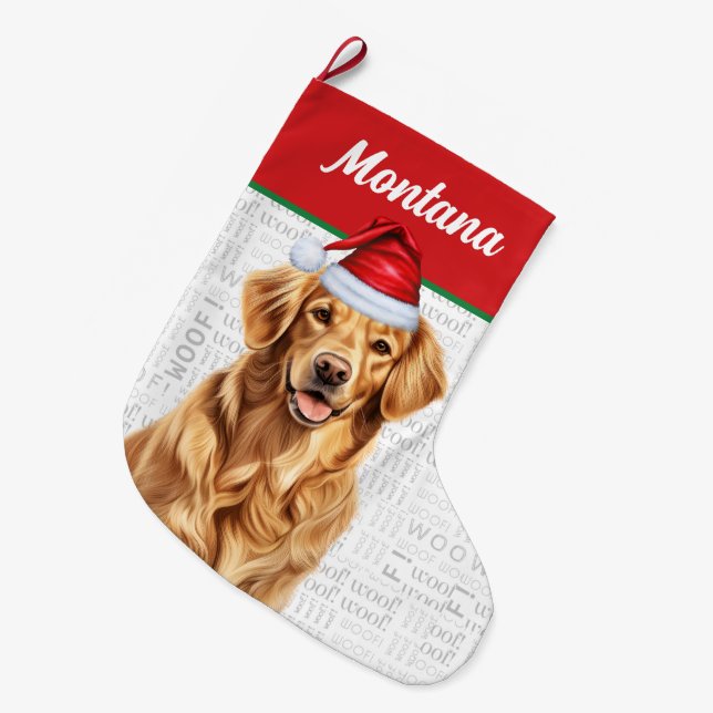 Christmas Golden Retriever Name Woof Background Large Christmas Stocking (Front (Hanging))