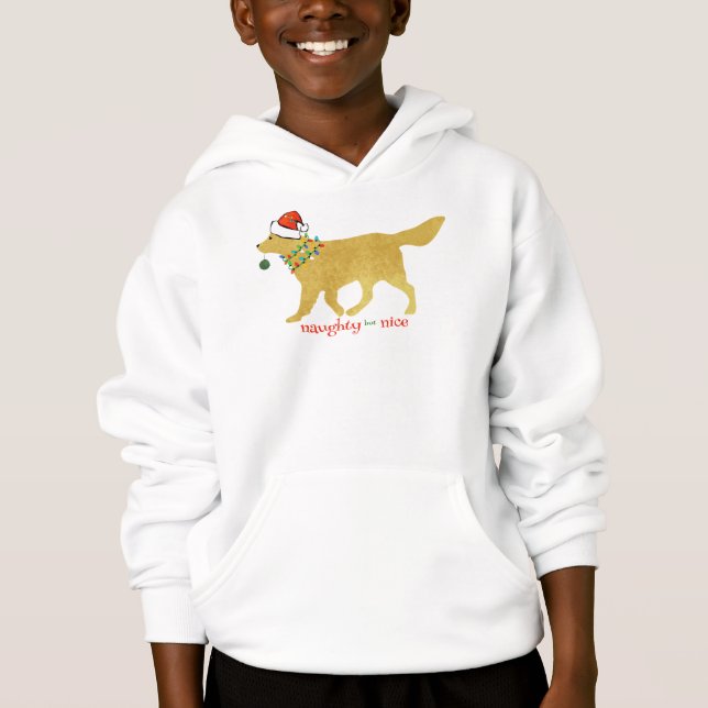 Christmas Golden Retriever Naughty but Nice Boy's Hoodie (Front)