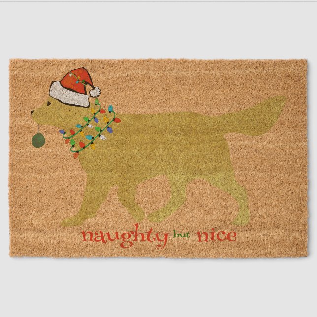 Christmas Golden Retriever Naughty But Nice Coir Fiber Doormat (Front)