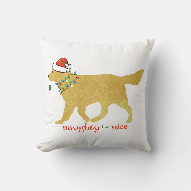 Christmas Golden Retriever Naughty but Nice Throw Pillow (Front)