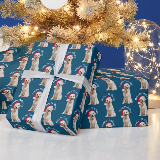 Christmas Golden Retriever On Blue Wrapping Paper (Holidays)