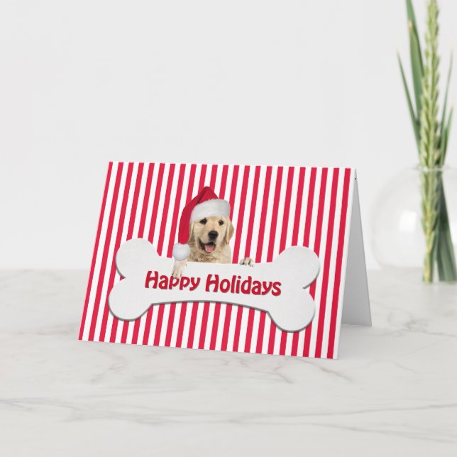 Christmas Golden Retriever On Dog Bone Holiday Card (Front)