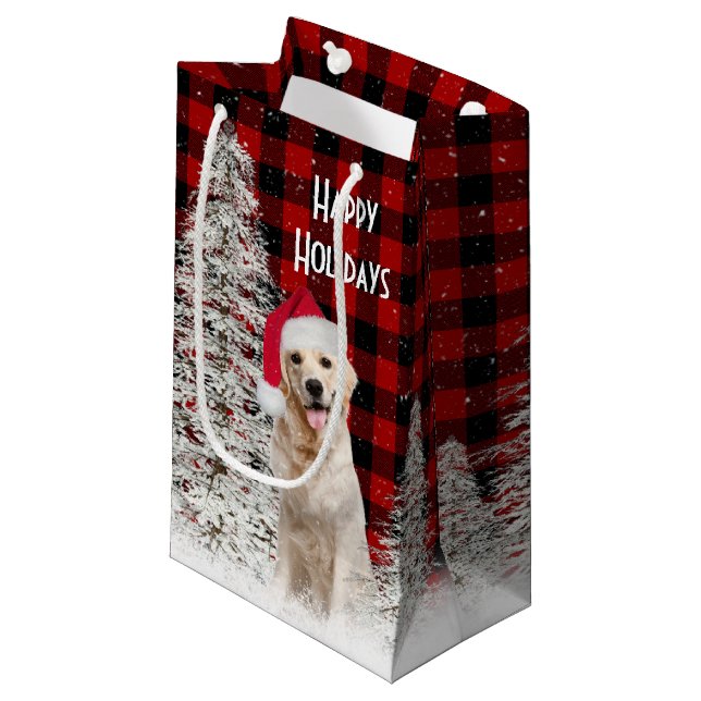 Christmas Golden Retriever On Plaid  Small Gift Bag (Front Angled)