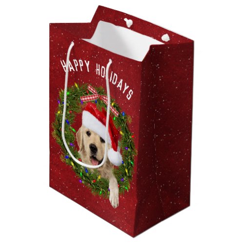 Christmas Golden Retriever on red Medium Gift Bag