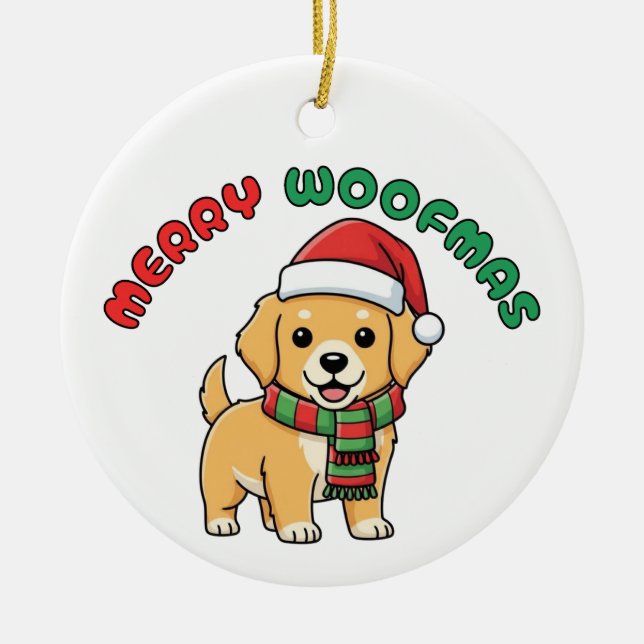 Christmas Golden Retriever Ornament: Merry Woofmas Ceramic Ornament (Front)