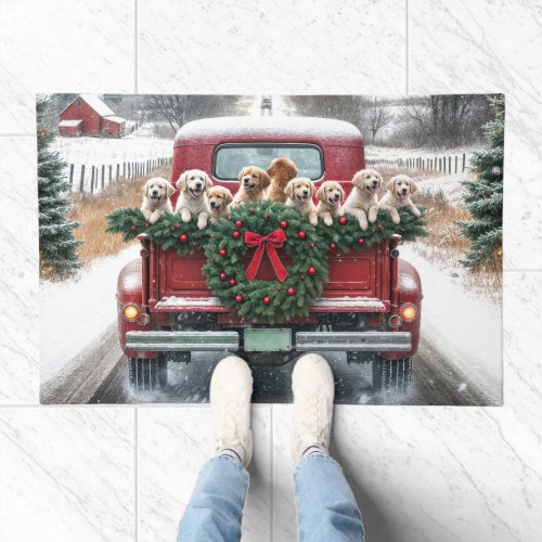 Christmas Golden Retriever Puppies Doormat