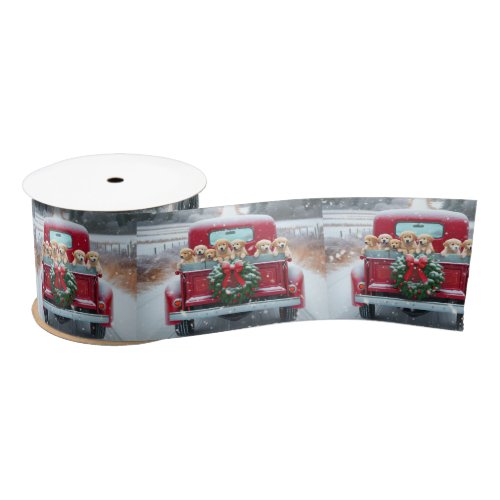 Christmas Golden Retriever Puppies In Retro Truck Satin Ribbon