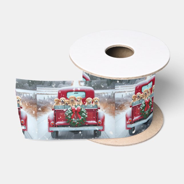 Christmas Golden Retriever Puppies In Retro Truck Satin Ribbon (Spool)