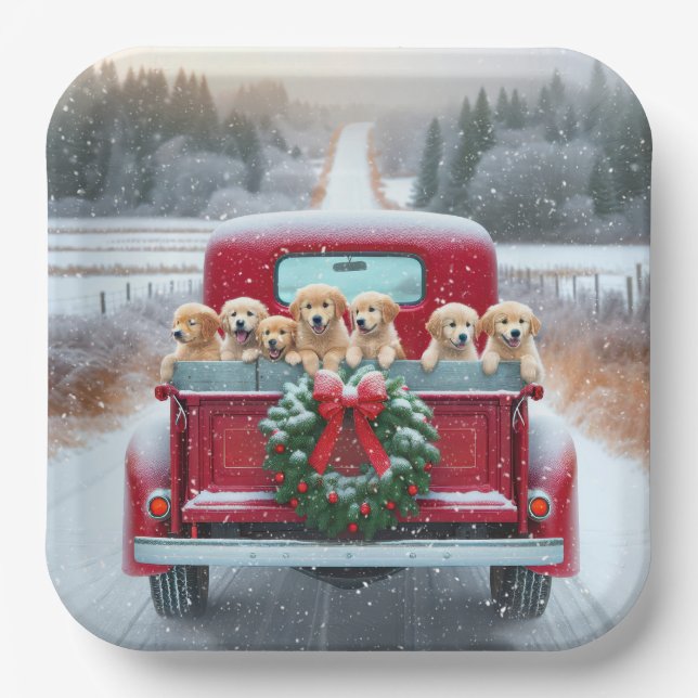 Christmas Golden Retriever Puppies In Truck Paper Plates (Front)