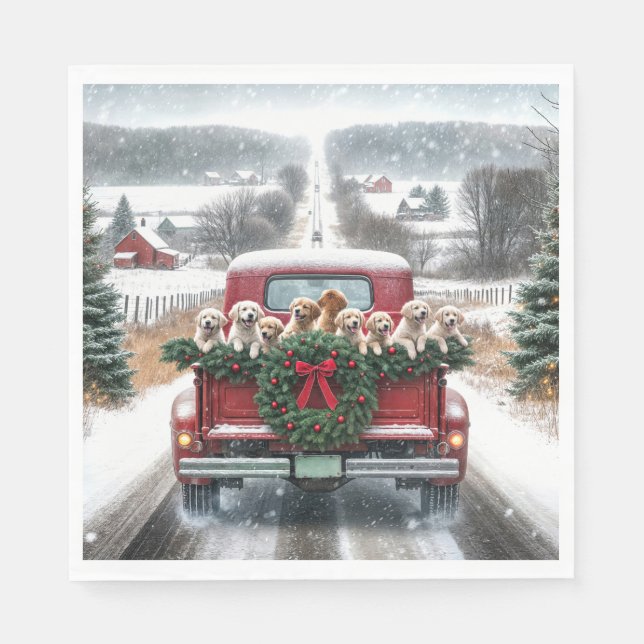 Christmas Golden Retriever Puppies Napkins (Front)