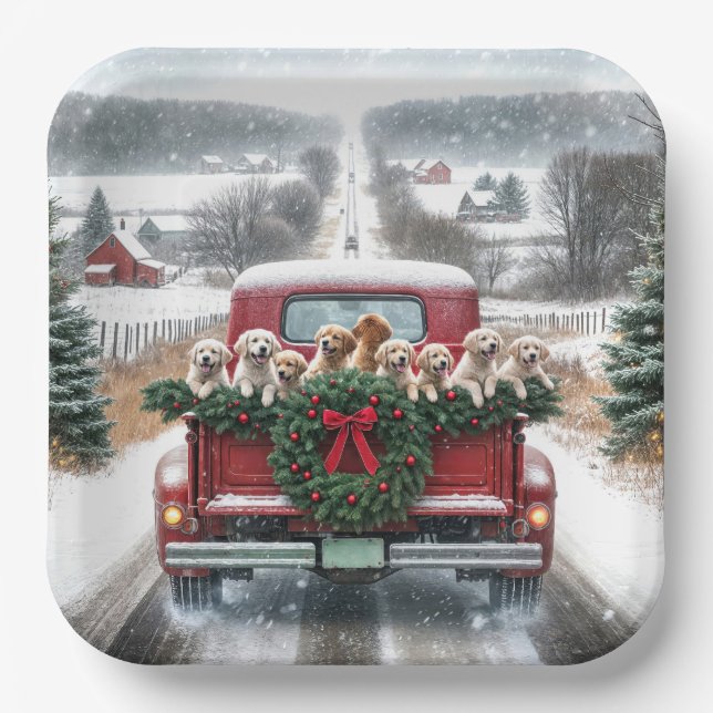 Christmas Golden Retriever Puppies Paper Plates (Front)