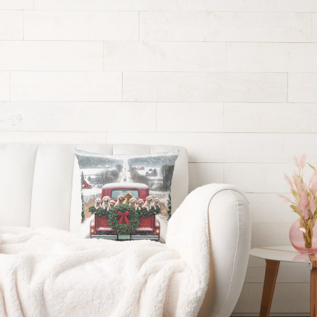 Christmas Golden Retriever Puppies Throw Pillow (Couch)