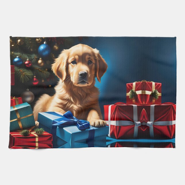 CHRISTMAS GOLDEN RETRIEVER PUPPY KITCHEN TOWEL (Horizontal)