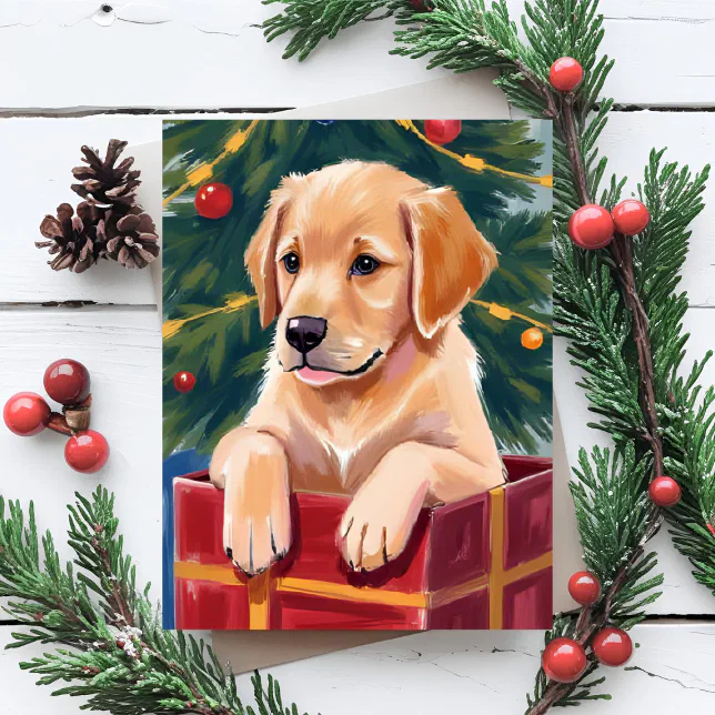 Christmas Golden Retriever Puppy Present Holiday Card | Zazzle