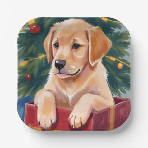 Christmas Golden Retriever Puppy Present Holiday Paper Plates