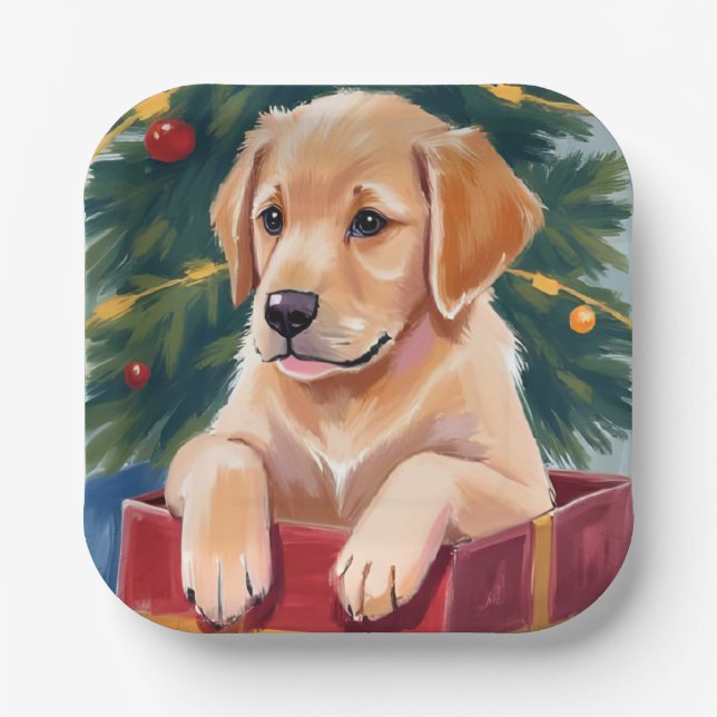 Christmas Golden Retriever Puppy Present Holiday Paper Plates (Front)