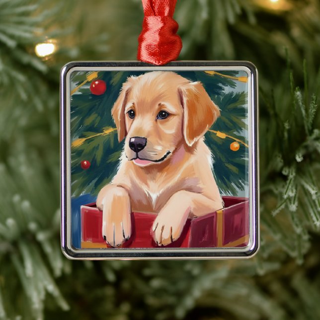 Christmas Golden Retriever Puppy Present Metal Ornament (Tree)