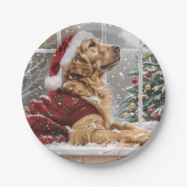 Christmas Golden Retriever Santa Dog Paper Plates (Front)