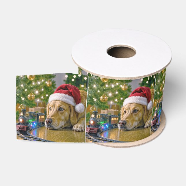 Christmas Golden Retriever Watching a Toy Train Grosgrain Ribbon (Spool)
