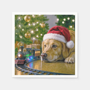 Christmas Golden Retriever Watching a Toy Train Napkins