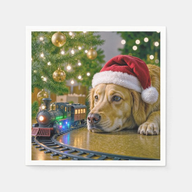 Christmas Golden Retriever Watching a Toy Train Napkins (Front)