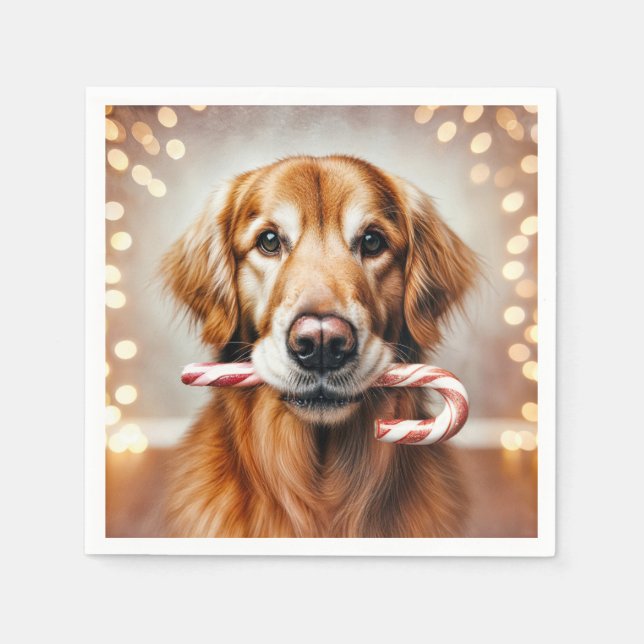 Christmas Golden Retriever With a Candy Cane Napkins (Front)