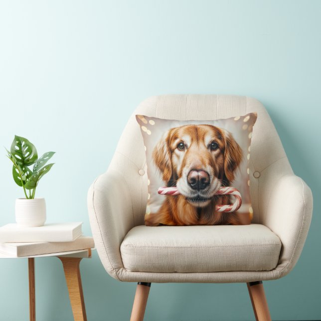 Christmas Golden Retriever With a Candy Cane Throw Pillow (Chair)
