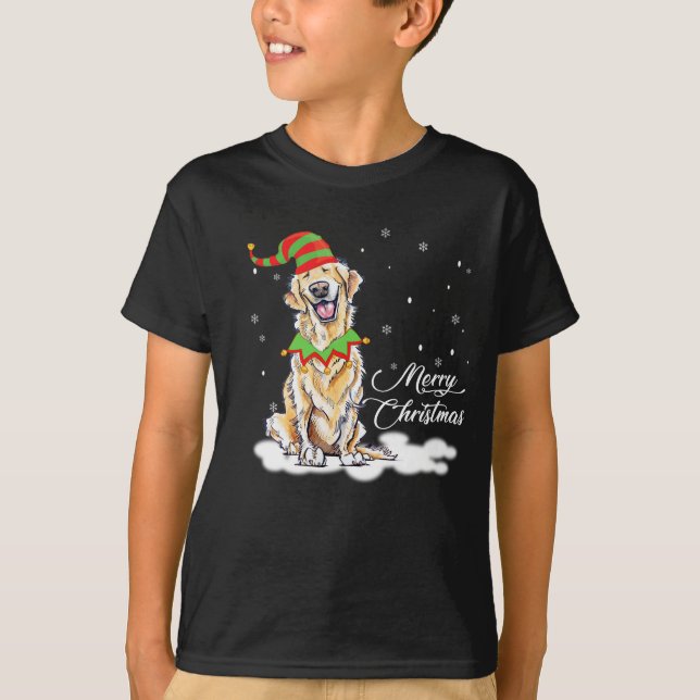 Christmas Golden Retriever with Elf Hat Funny Gift T-Shirt (Front)