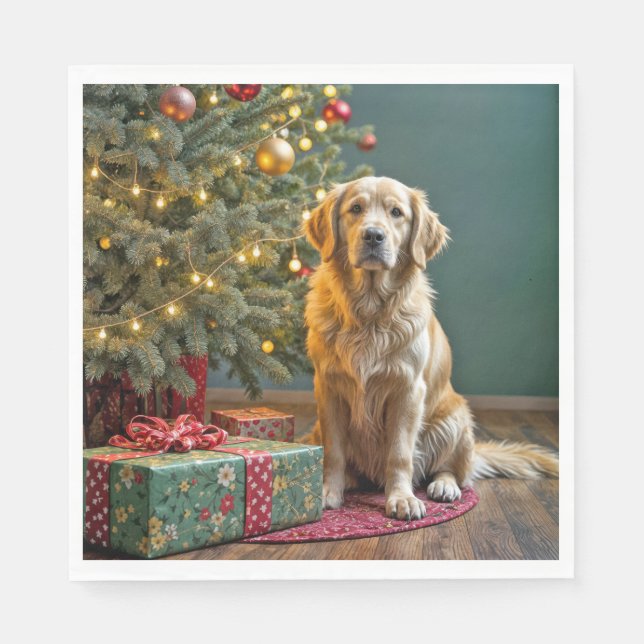 Christmas Golden Retriever With Gifts Napkins (Front)